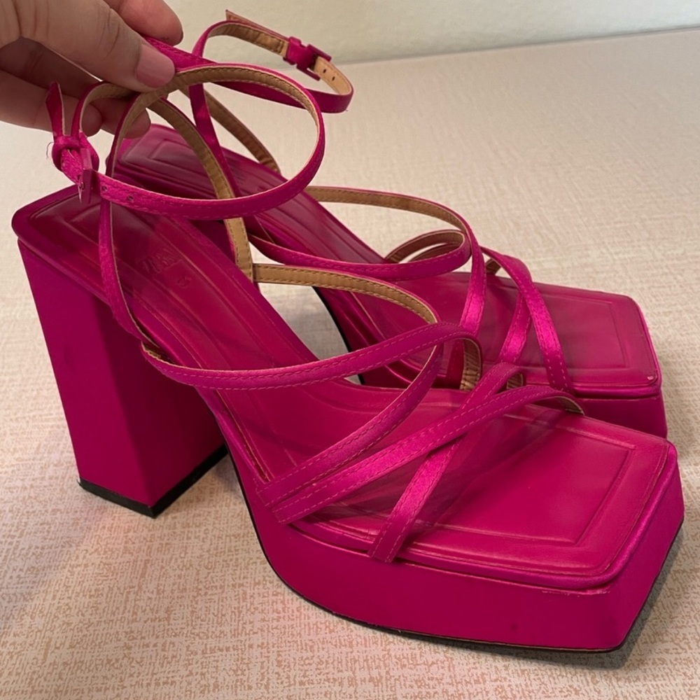 Zara Pink Satin Square Toe Block Platform Chunky Heel Sandals size 36 (6)